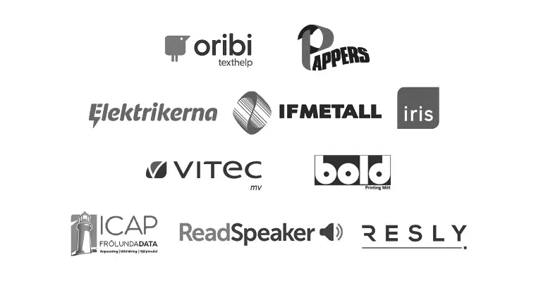 Logotyper för alla företagen: Oribi, Pappers, Elektrikerna, IF Metall, Iris, Vitec, Bold, ICAP | Frölunda data, Readspeaker, Resly.