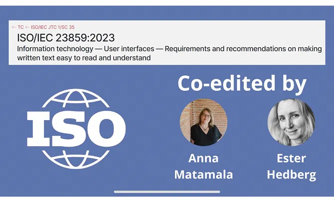 En lila bild med två insprängda bilder på två kvinnor. Deras namn är Anna Matamala och Ester Hedberg. Bredvid dem finns logotypen för ISO - International Standardisation Organisation.